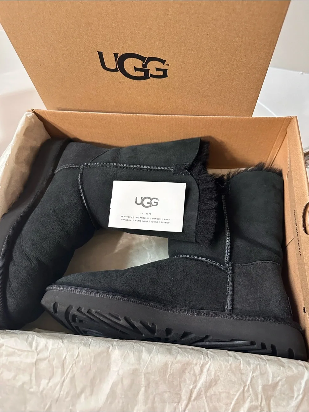 UGG Black Suede Shearling Button Winter Boots - Women's